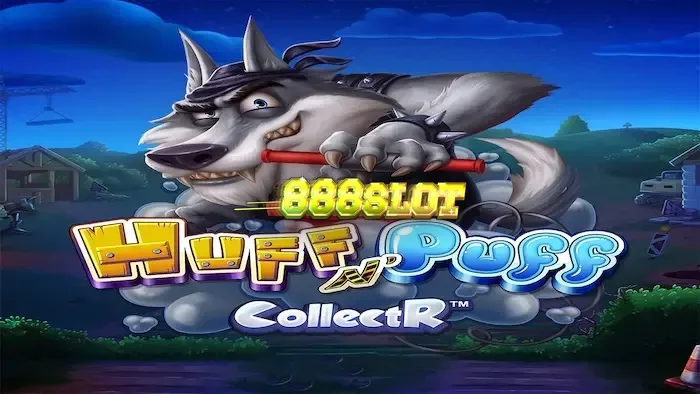 Tampilan visual slot Huff N' Puff CollectR dengan karakter babi dan elemen konstruksi